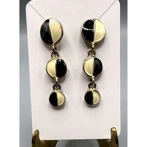 Vintage Black Cream Enamel Tiered Drop Earrings Gold Tone Geometric Circle 2"